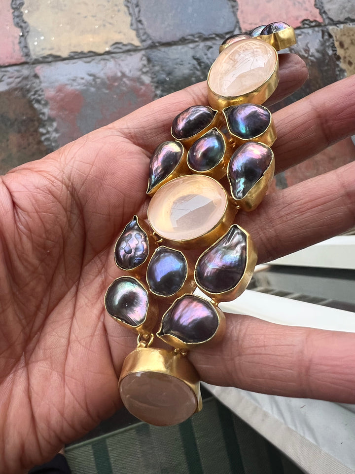 Pink Quartz and Black Baroque Pearl Choker Necklace