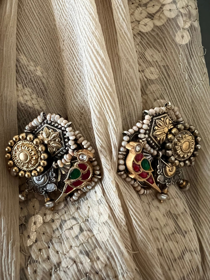 Beautiful Bird Kundan Embellishment 925 Silver Earrings with Dual-Tone Plating & Freshwater Pearls - Handmade