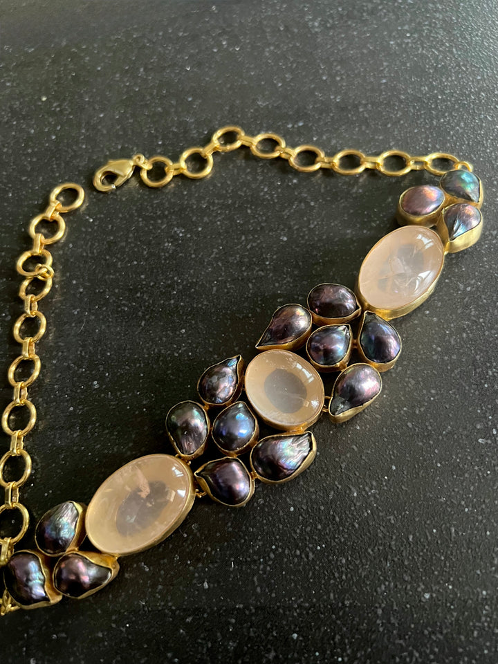 Pink Quartz and Black Baroque Pearl Choker Necklace