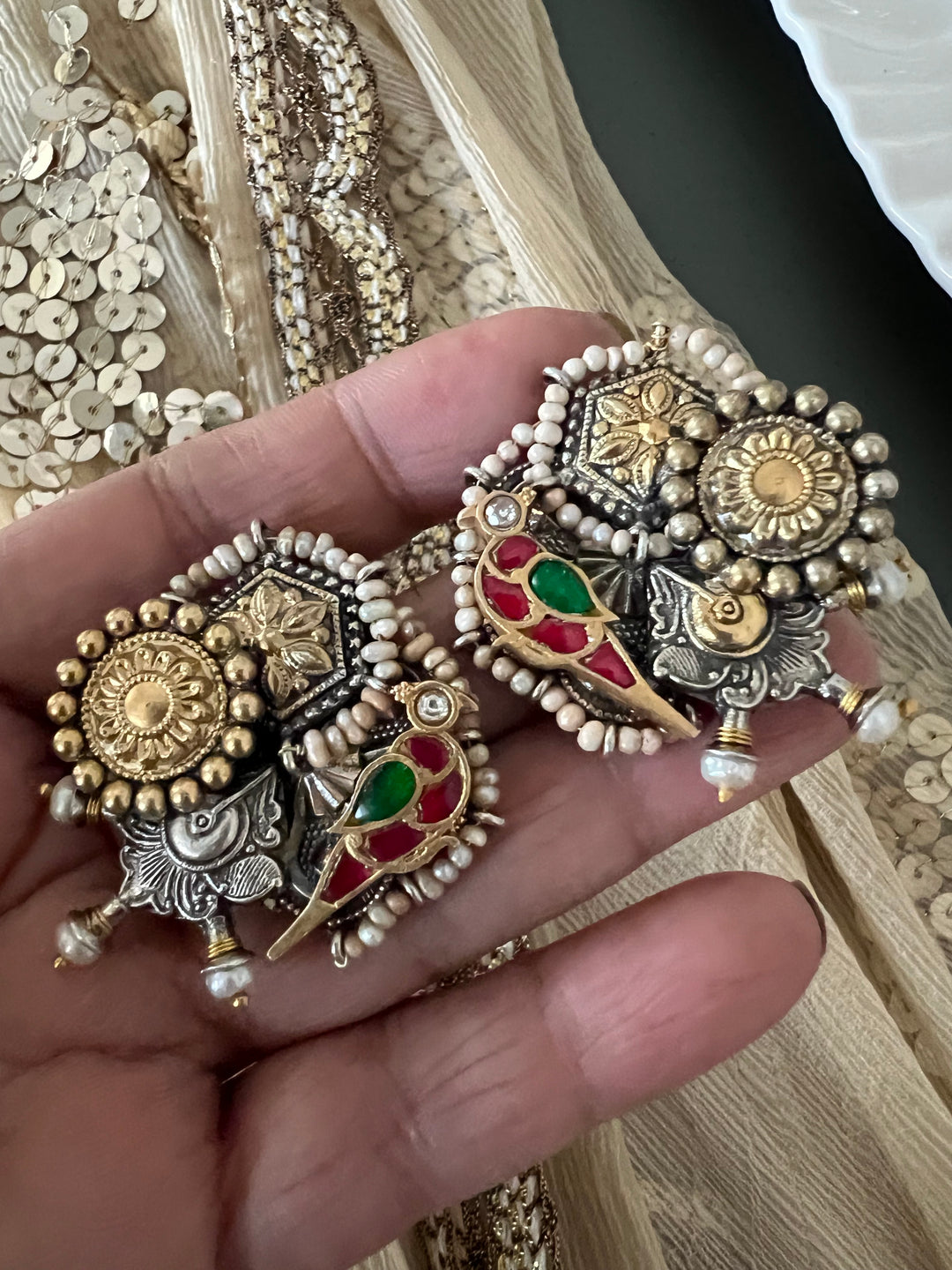 Beautiful Bird Kundan Embellishment 925 Silver Earrings with Dual-Tone Plating & Freshwater Pearls - Handmade