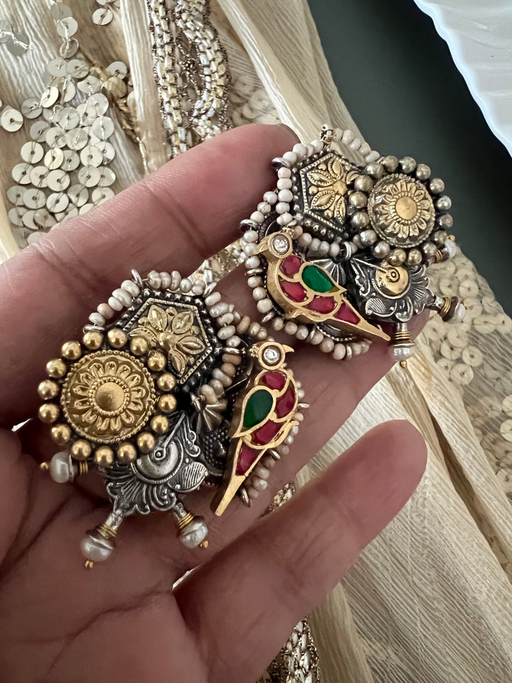 Beautiful Bird Kundan Embellishment 925 Silver Earrings with Dual-Tone Plating & Freshwater Pearls - Handmade