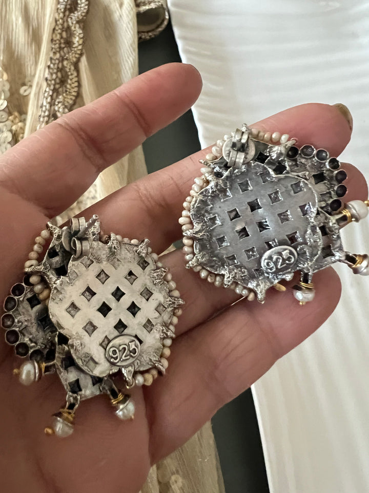 Beautiful Bird Kundan Embellishment 925 Silver Earrings with Dual-Tone Plating & Freshwater Pearls - Handmade