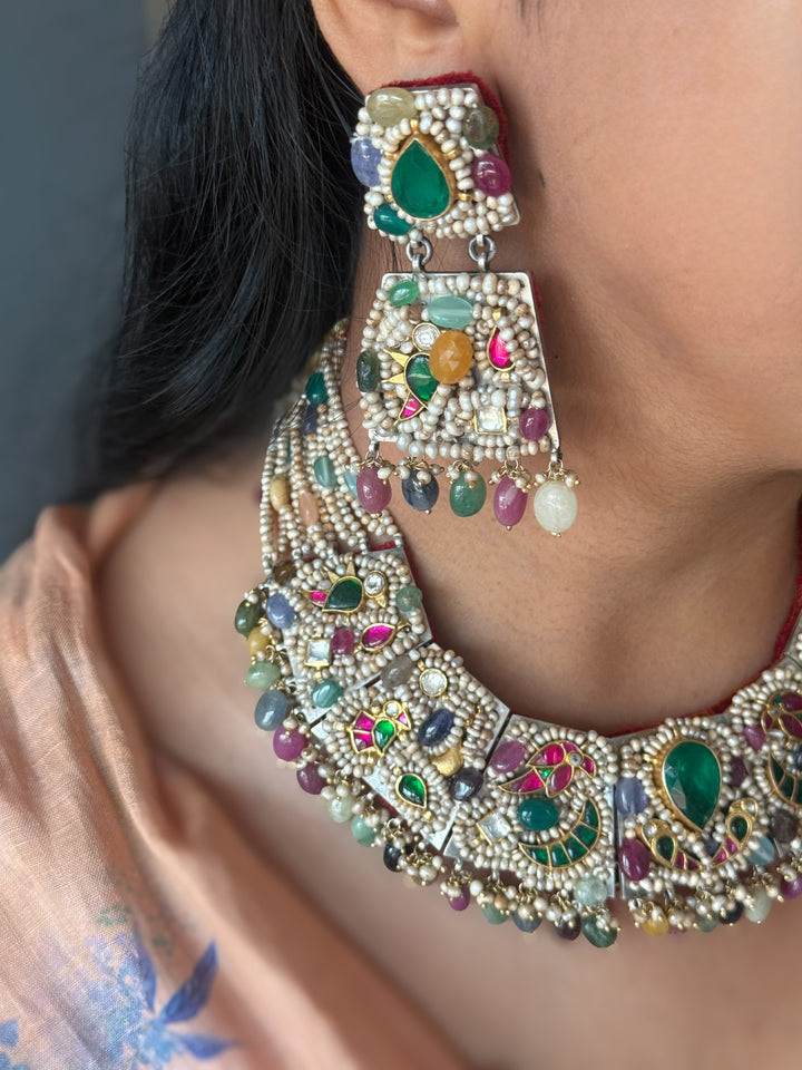 Handmade 925 Silver Nakhra Gemstone Necklace Set | SHIVKA