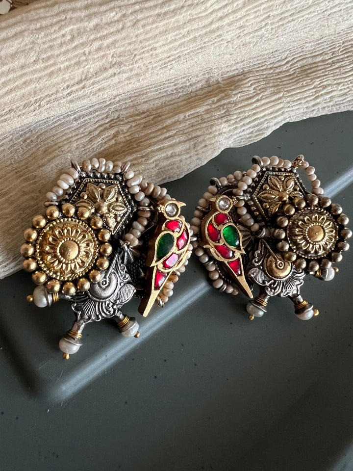 Beautiful Bird Kundan Embellishment 925 Silver Earrings with Dual-Tone Plating & Freshwater Pearls - Handmade