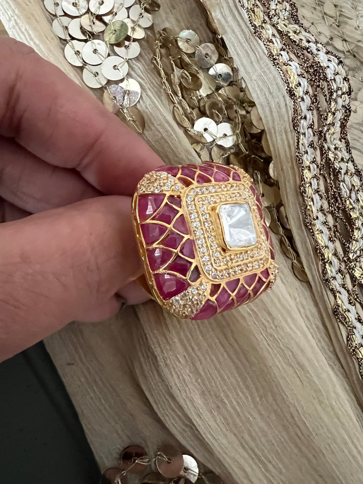 Elegant Kundan Polki 925 Silver Ring- Handmade, Perfect for Destination Weddings