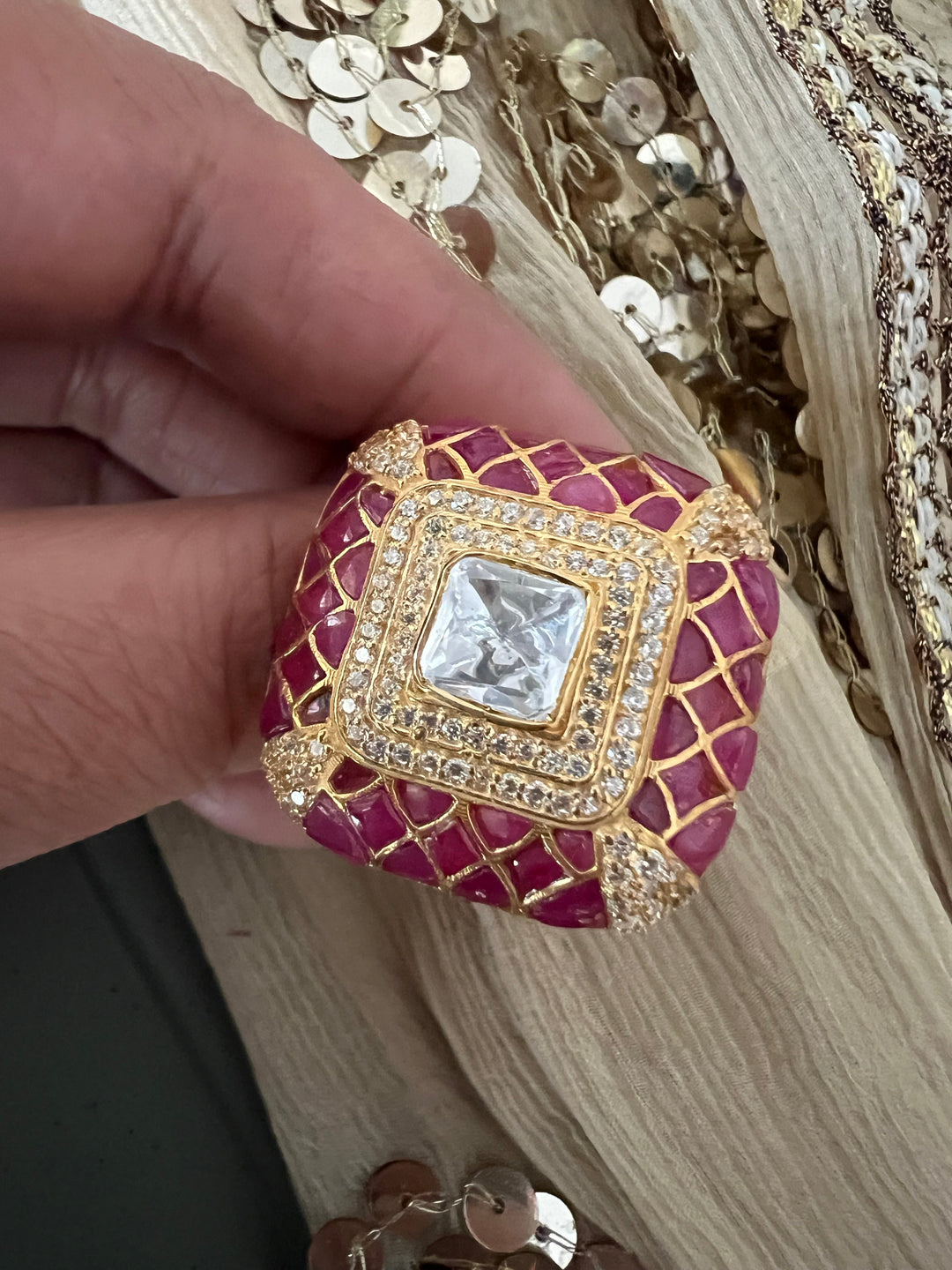 Elegant Kundan Polki 925 Silver Ring- Handmade, Perfect for Destination Weddings