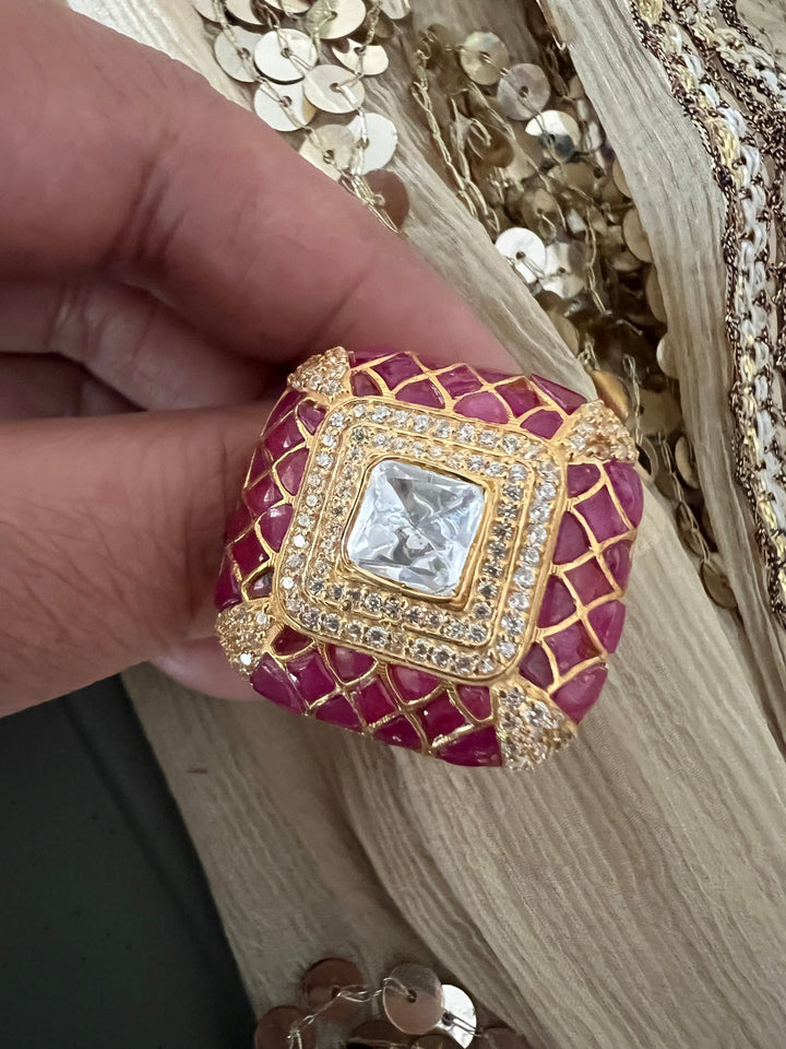 Elegant Kundan Polki 925 Silver Ring- Handmade, Perfect for Destination Weddings