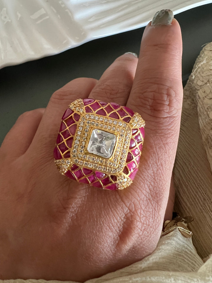 Elegant Kundan Polki 925 Silver Ring- Handmade, Perfect for Destination Weddings