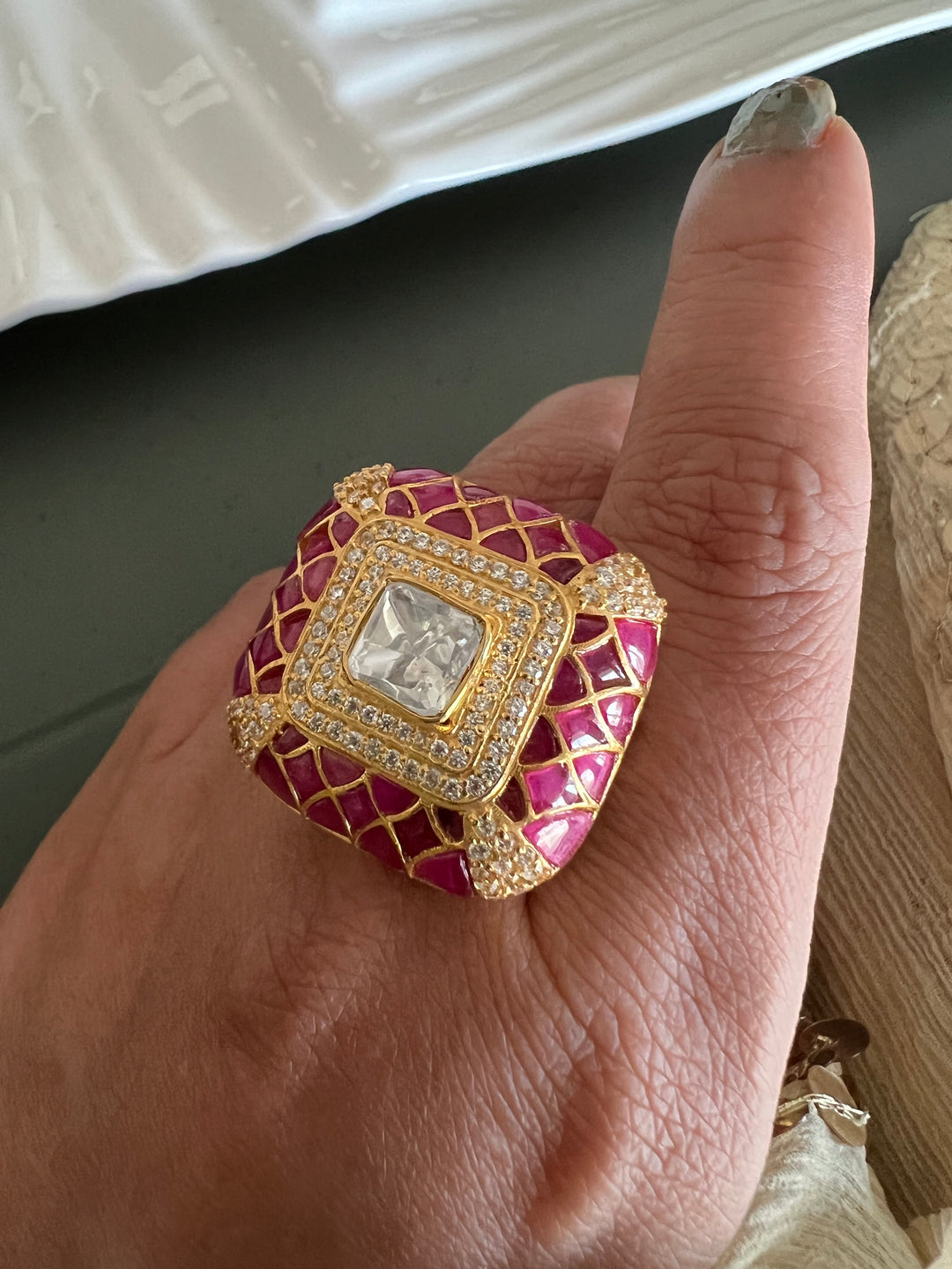 Elegant Kundan Polki 925 Silver Ring- Handmade, Perfect for Destination Weddings