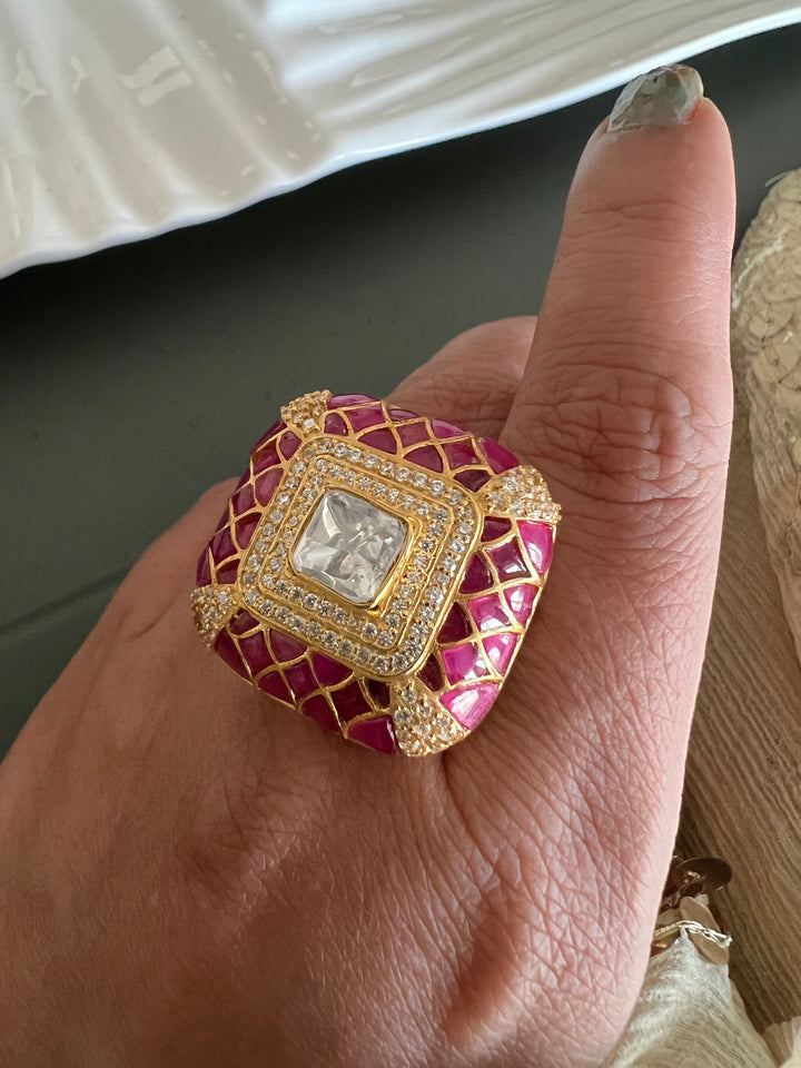 Elegant Kundan Polki 925 Silver Ring- Handmade, Perfect for Destination Weddings