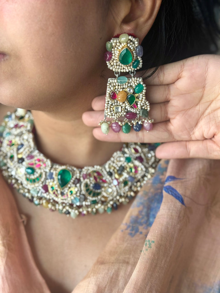 Handmade 925 Silver Nakhra Gemstone Necklace Set | SHIVKA