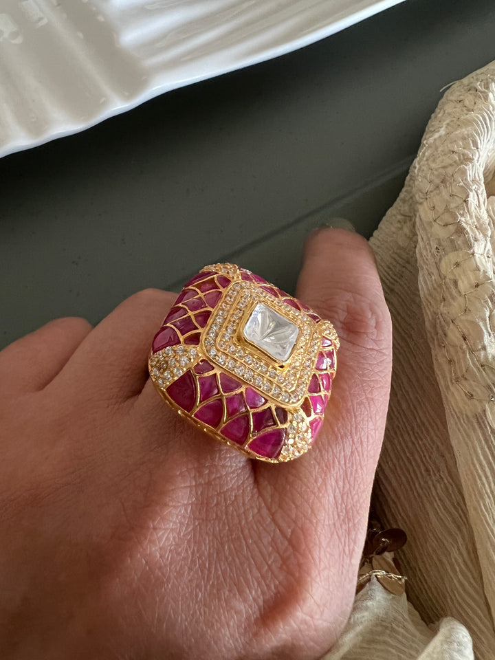 Elegant Kundan Polki 925 Silver Ring- Handmade, Perfect for Destination Weddings