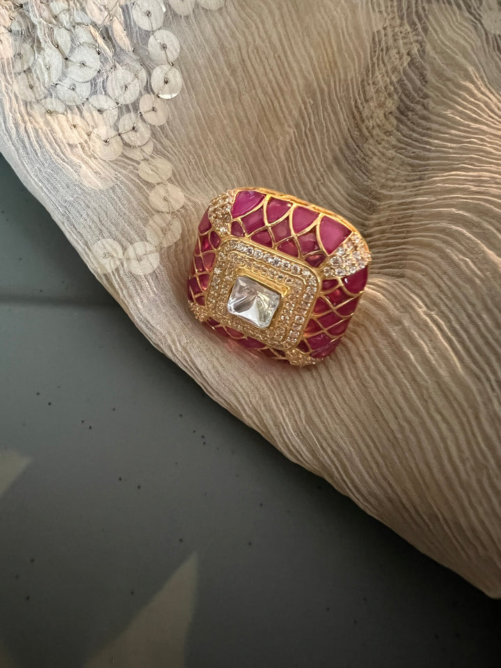 Elegant Kundan Polki 925 Silver Ring- Handmade, Perfect for Destination Weddings