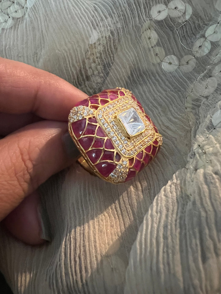 Elegant Kundan Polki 925 Silver Ring- Handmade, Perfect for Destination Weddings