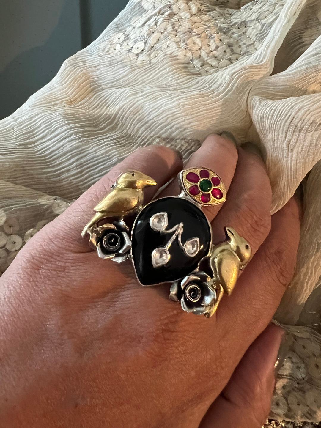 Statement Kundan 925 Silver Ring with Natural Black Stone & Bird Embellishments - Handmade, One of a Kind