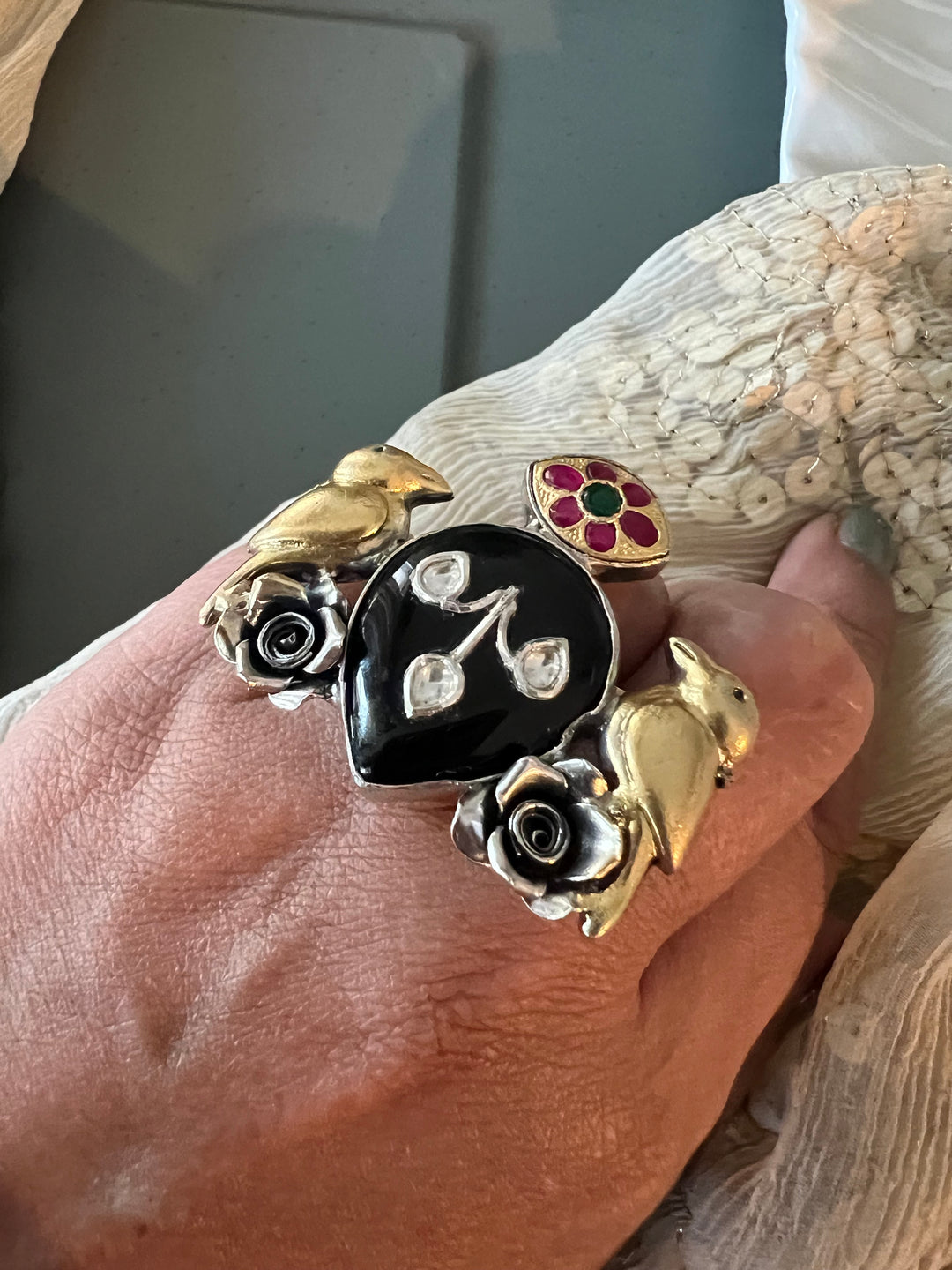 Statement Kundan 925 Silver Ring with Natural Black Stone & Bird Embellishments - Handmade, One of a Kind