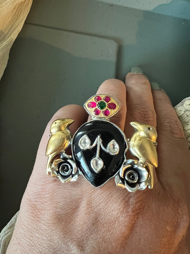 Statement Kundan 925 Silver Ring with Natural Black Stone & Bird Embellishments - Handmade, One of a Kind