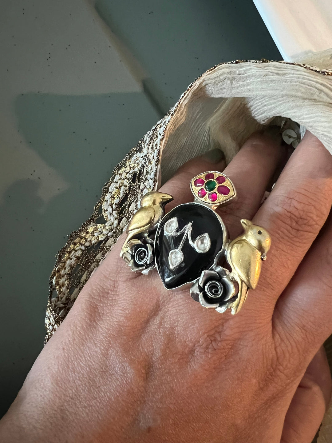 Statement Kundan 925 Silver Ring with Natural Black Stone & Bird Embellishments - Handmade, One of a Kind