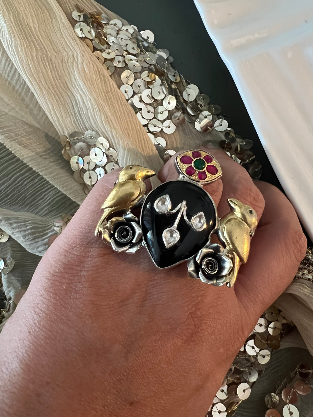 Statement Kundan 925 Silver Ring with Natural Black Stone & Bird Embellishments - Handmade, One of a Kind