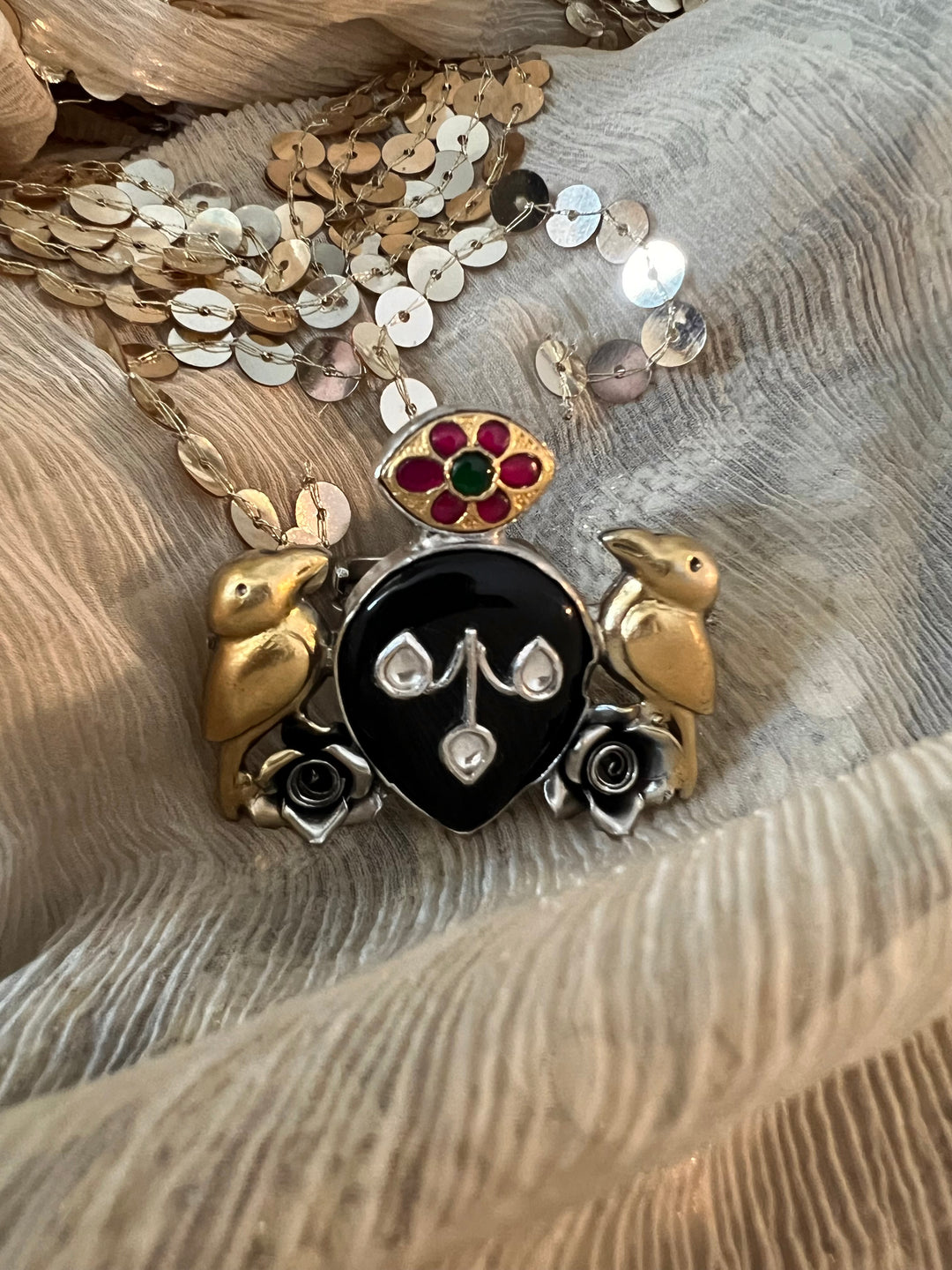 Statement Kundan 925 Silver Ring with Natural Black Stone & Bird Embellishments - Handmade, One of a Kind