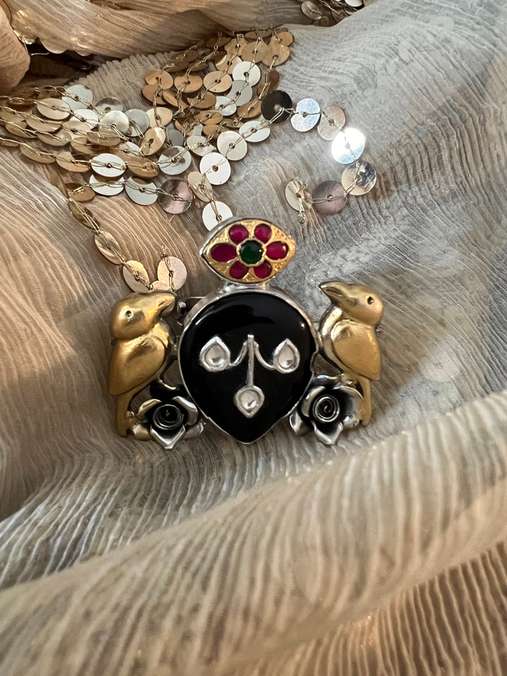 Statement Kundan 925 Silver Ring with Natural Black Stone & Bird Embellishments - Handmade, One of a Kind