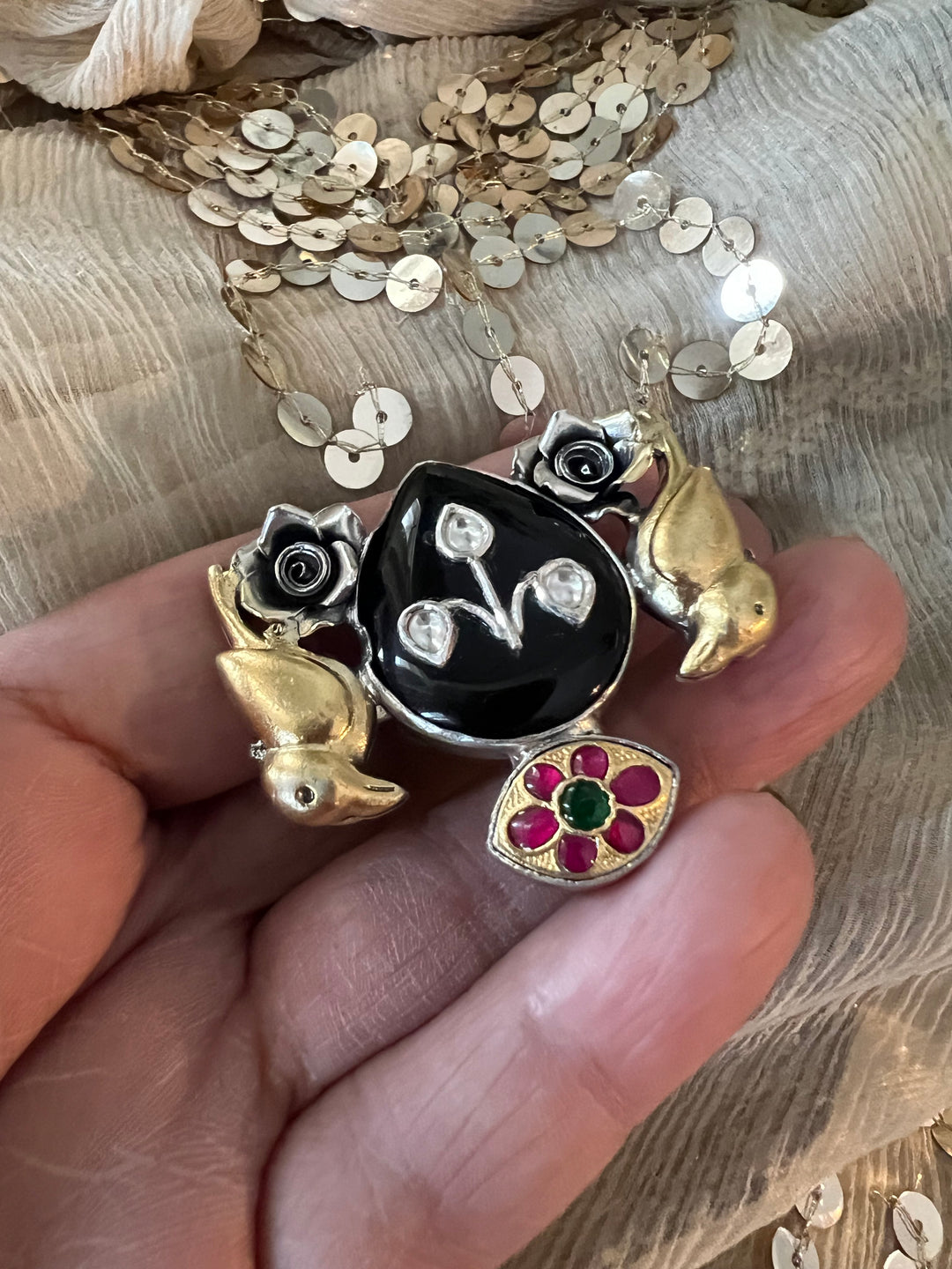Statement Kundan 925 Silver Ring with Natural Black Stone & Bird Embellishments - Handmade, One of a Kind