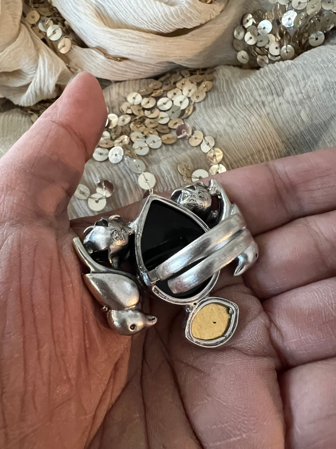 Statement Kundan 925 Silver Ring with Natural Black Stone & Bird Embellishments - Handmade, One of a Kind