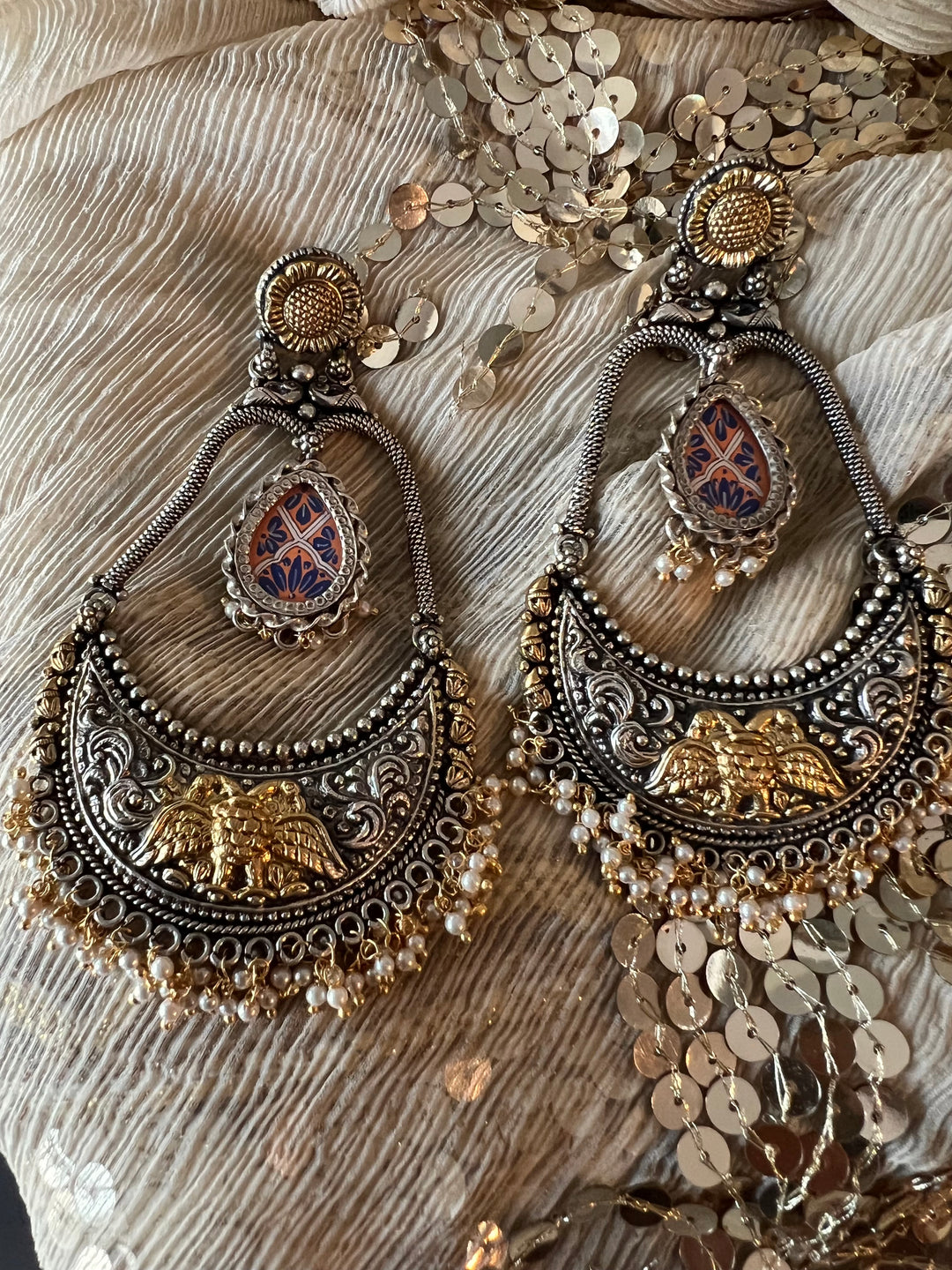 Beautiful 925 Silver Chandbali Earrings with Freshwater Pearls & Hand-Painted Motifs - Ideal for Destination Weddings