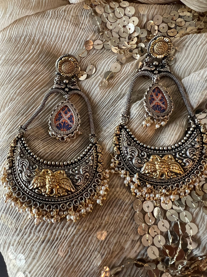 Beautiful 925 Silver Chandbali Earrings with Freshwater Pearls & Hand-Painted Motifs - Ideal for Destination Weddings