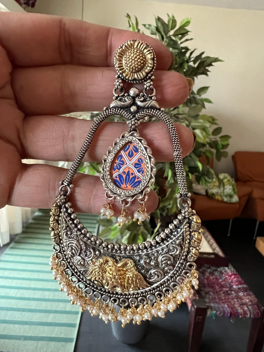 Beautiful 925 Silver Chandbali Earrings with Freshwater Pearls & Hand-Painted Motifs - Ideal for Destination Weddings