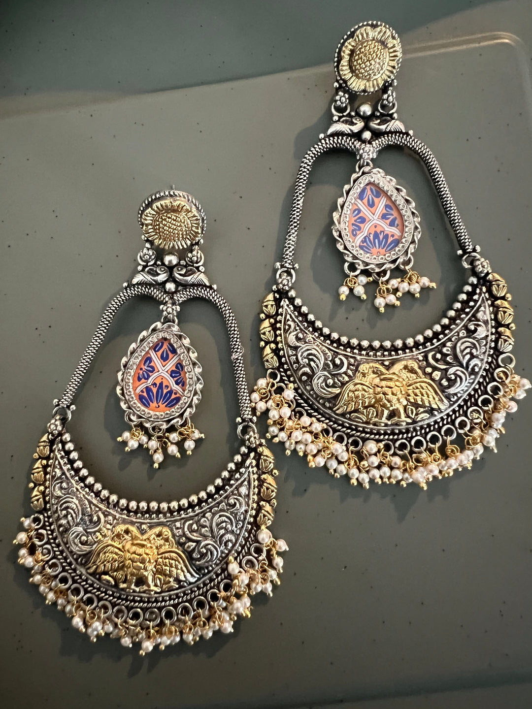 Beautiful 925 Silver Chandbali Earrings with Freshwater Pearls & Hand-Painted Motifs - Ideal for Destination Weddings