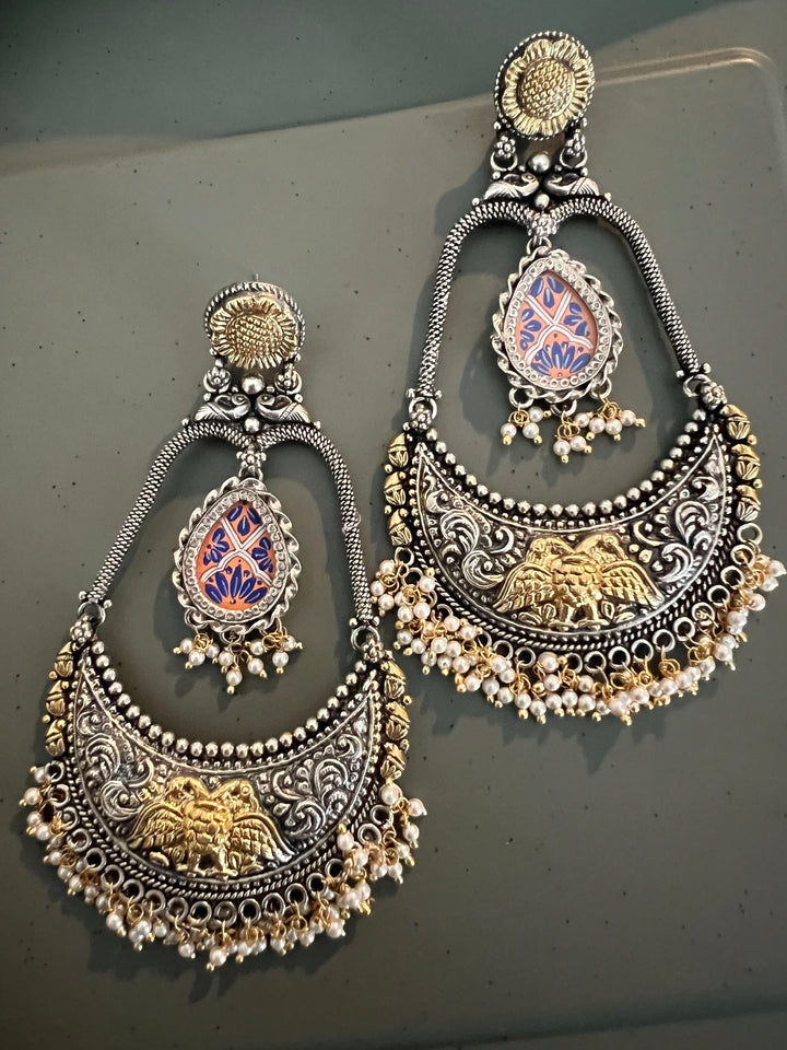 Beautiful 925 Silver Chandbali Earrings with Freshwater Pearls & Hand-Painted Motifs - Ideal for Destination Weddings