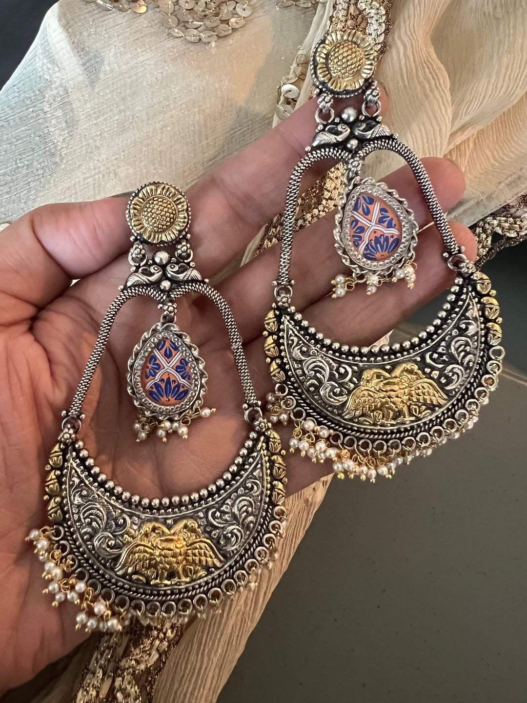 Beautiful 925 Silver Chandbali Earrings with Freshwater Pearls & Hand-Painted Motifs - Ideal for Destination Weddings