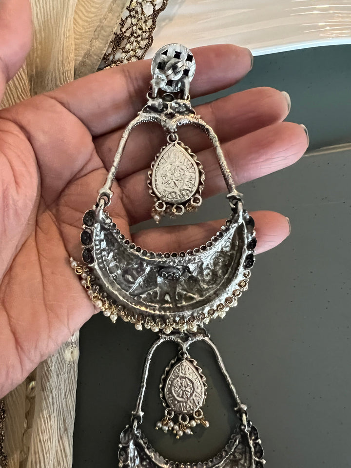 Beautiful 925 Silver Chandbali Earrings with Freshwater Pearls & Hand-Painted Motifs - Ideal for Destination Weddings