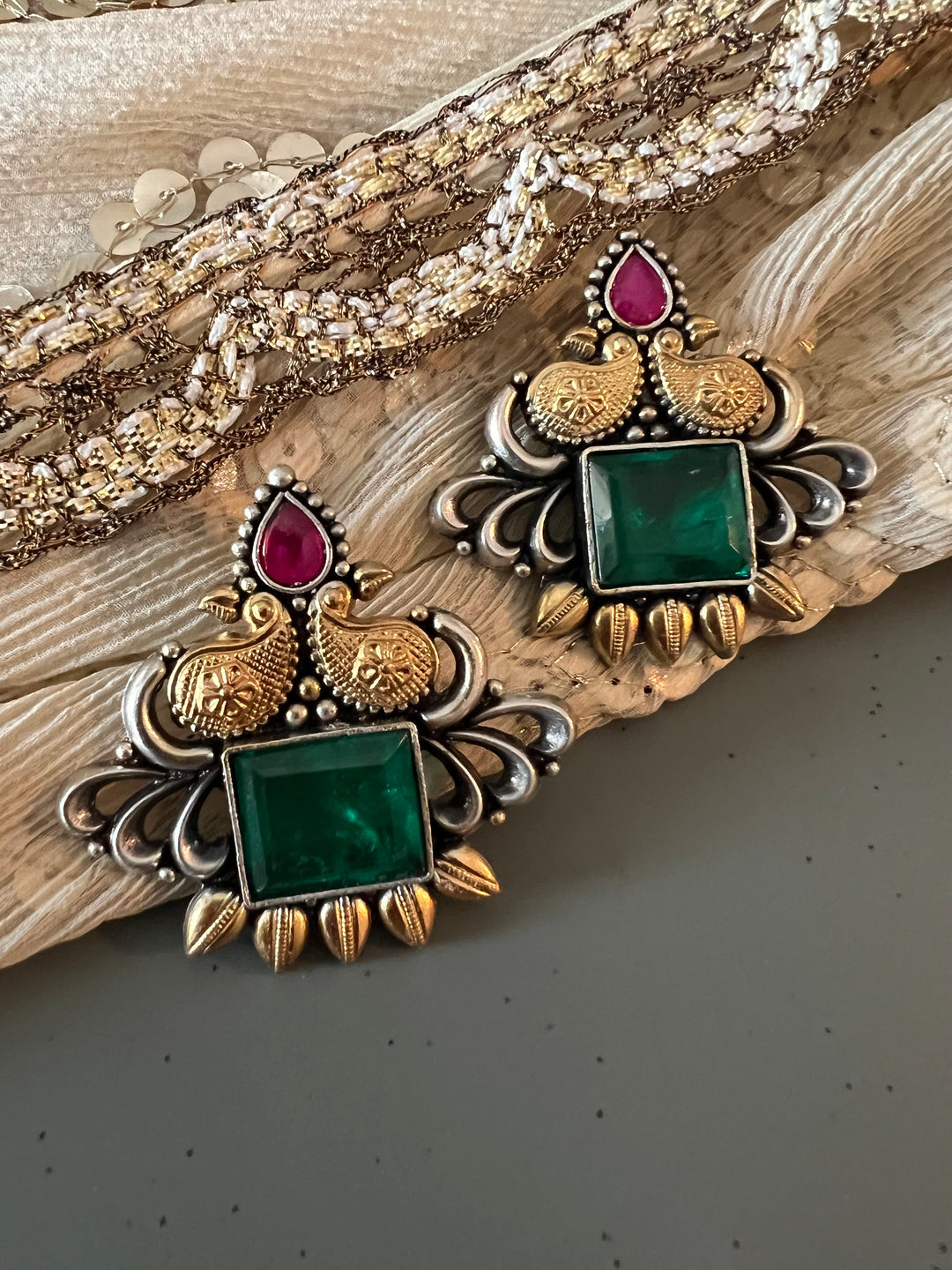 Statement Bird Design 925 Silver Earrings with Green Doublet Stone - Handmade