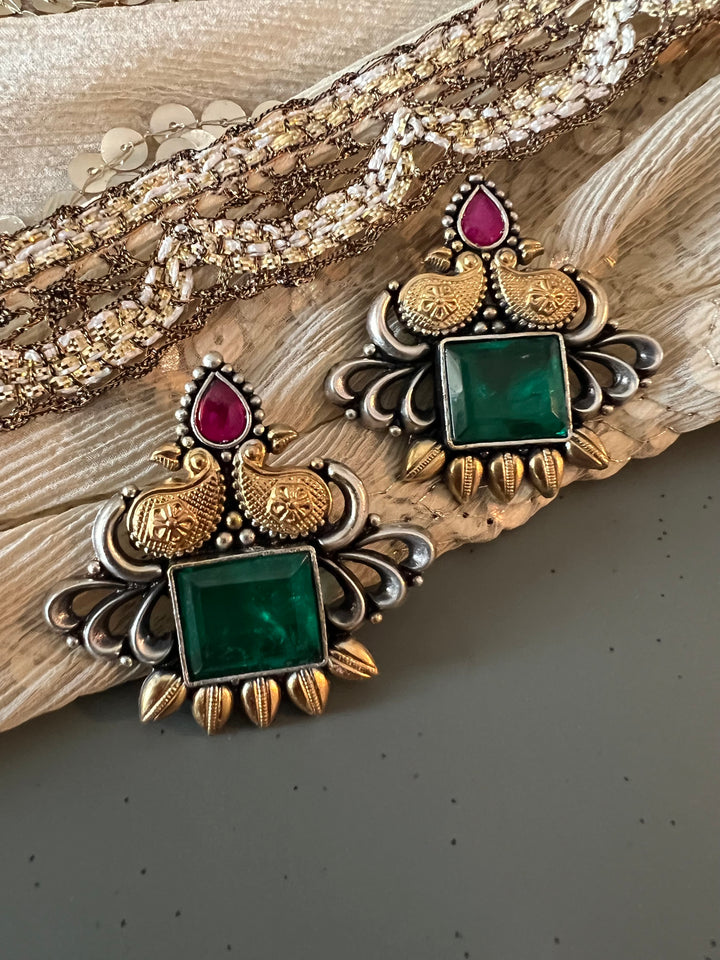 Statement Bird Design 925 Silver Earrings with Green Doublet Stone - Handmade