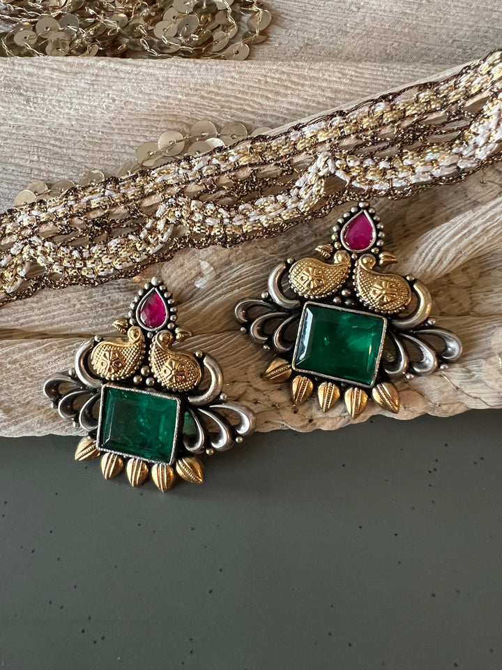 Statement Bird Design 925 Silver Earrings with Green Doublet Stone - Handmade