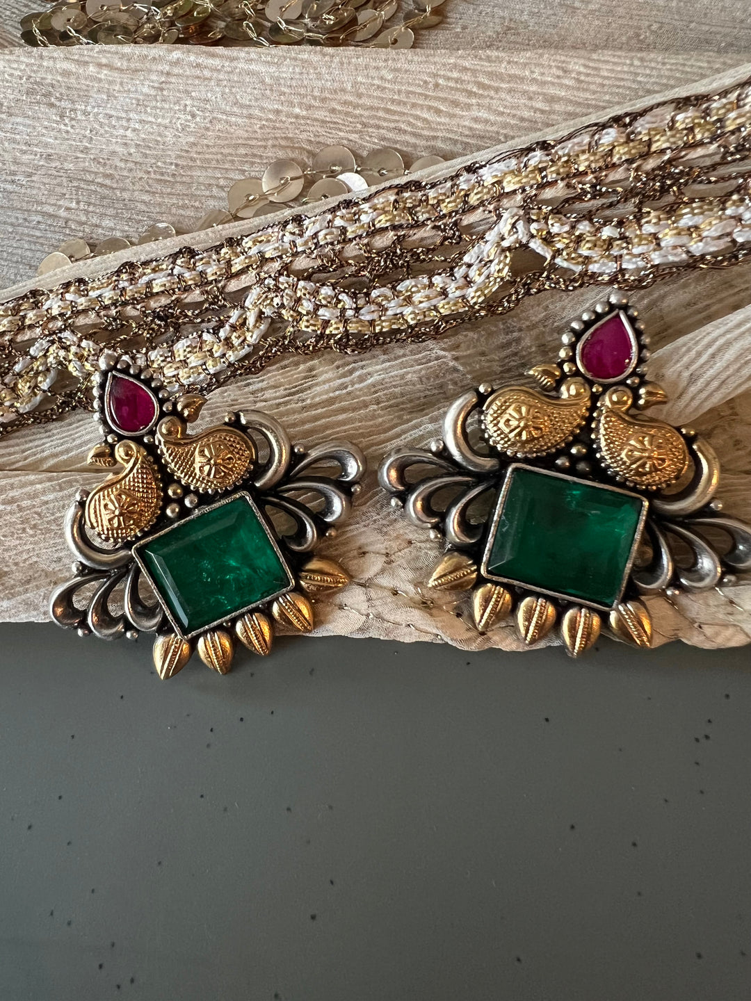 Statement Bird Design 925 Silver Earrings with Green Doublet Stone - Handmade