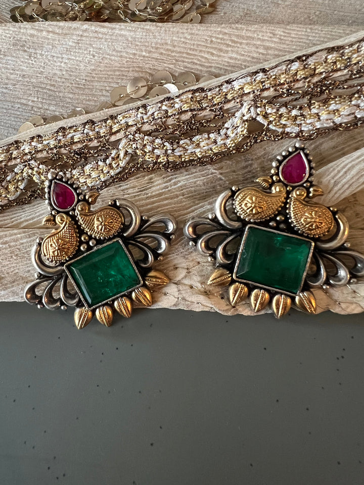 Statement Bird Design 925 Silver Earrings with Green Doublet Stone - Handmade