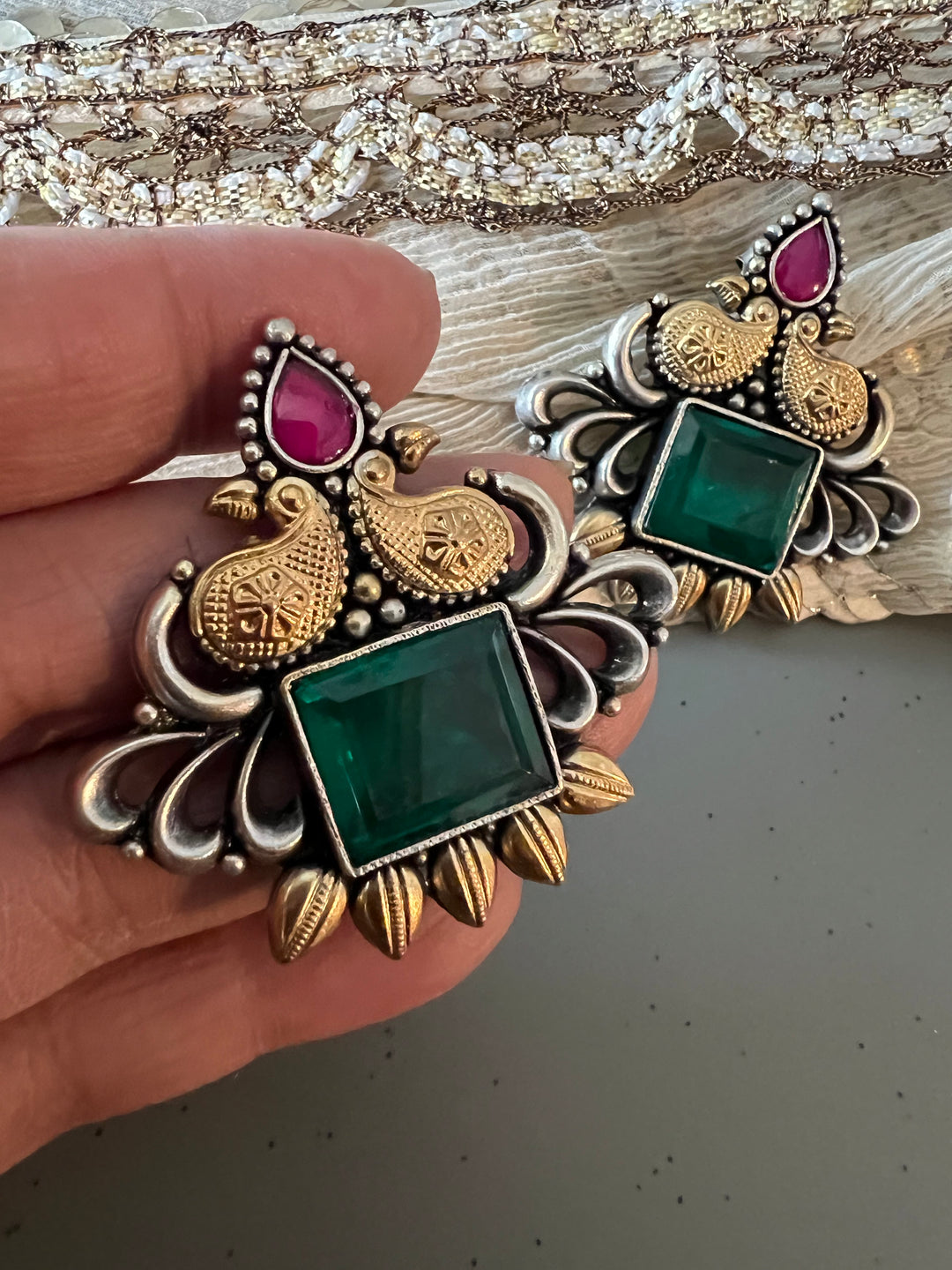 Statement Bird Design 925 Silver Earrings with Green Doublet Stone - Handmade