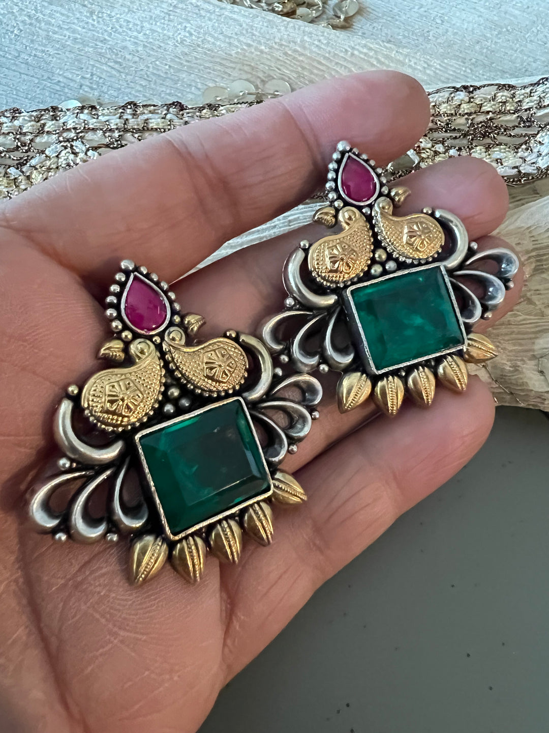 Statement Bird Design 925 Silver Earrings with Green Doublet Stone - Handmade