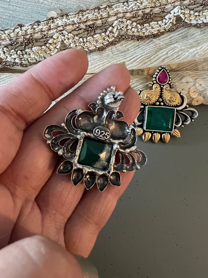 Statement Bird Design 925 Silver Earrings with Green Doublet Stone - Handmade