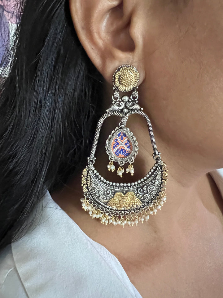Beautiful 925 Silver Chandbali Earrings with Freshwater Pearls & Hand-Painted Motifs - Ideal for Destination Weddings