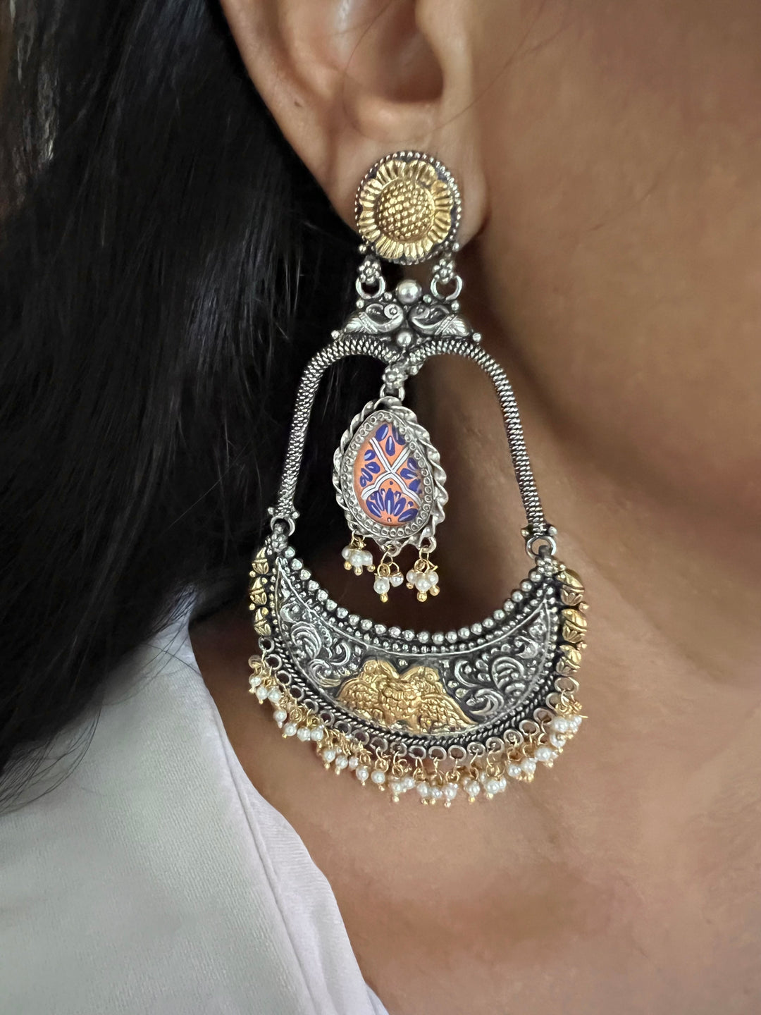 Beautiful 925 Silver Chandbali Earrings with Freshwater Pearls & Hand-Painted Motifs - Ideal for Destination Weddings