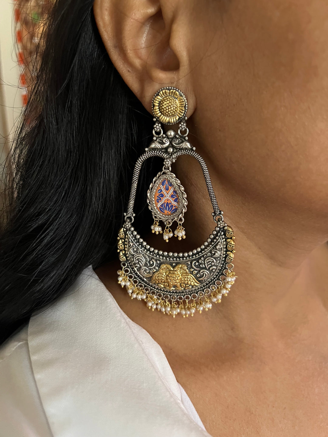 Beautiful 925 Silver Chandbali Earrings with Freshwater Pearls & Hand-Painted Motifs - Ideal for Destination Weddings