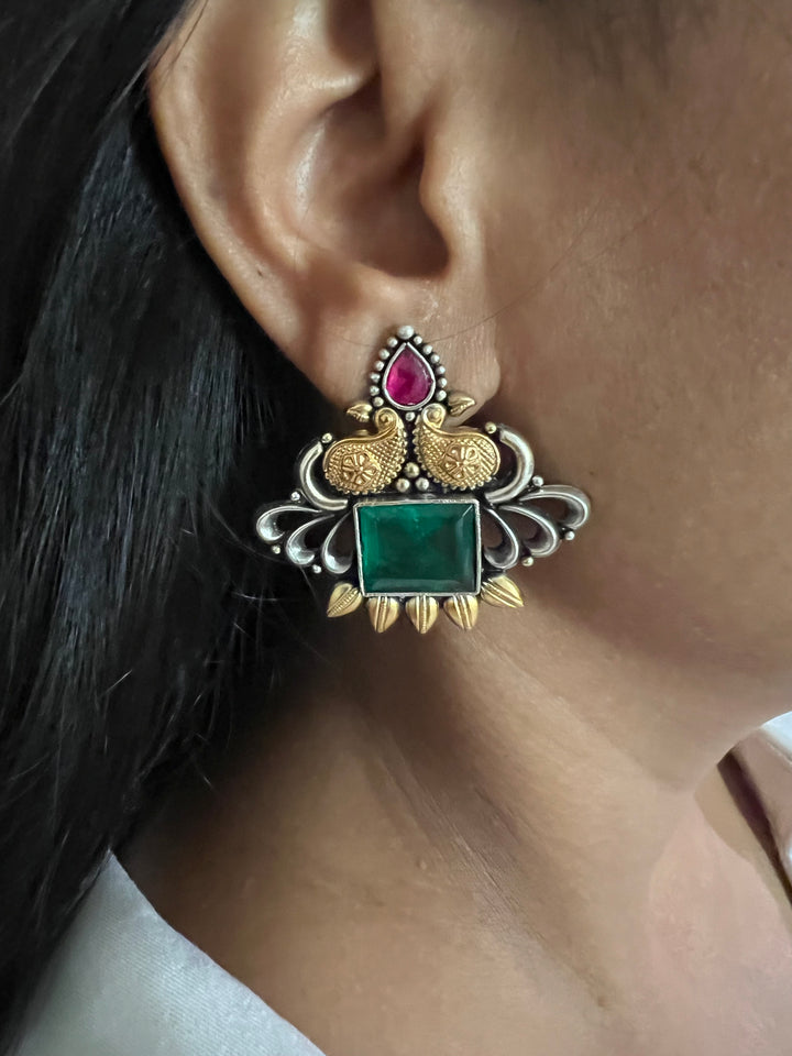 Statement Bird Design 925 Silver Earrings with Green Doublet Stone - Handmade