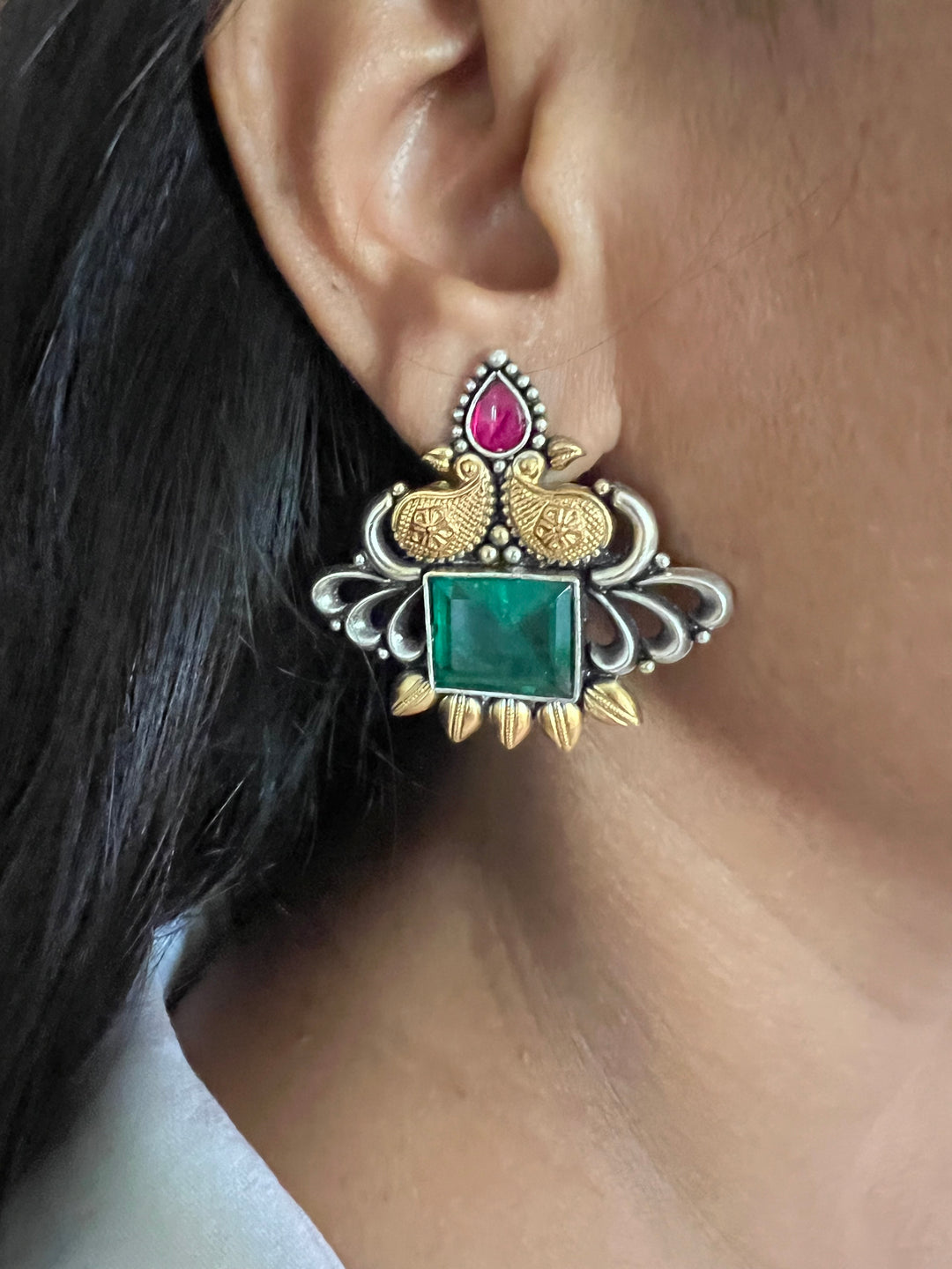 Statement Bird Design 925 Silver Earrings with Green Doublet Stone - Handmade