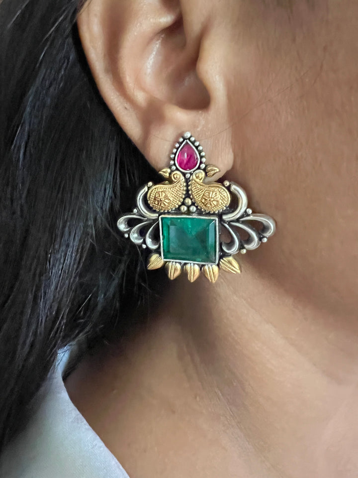 Statement Bird Design 925 Silver Earrings with Green Doublet Stone - Handmade