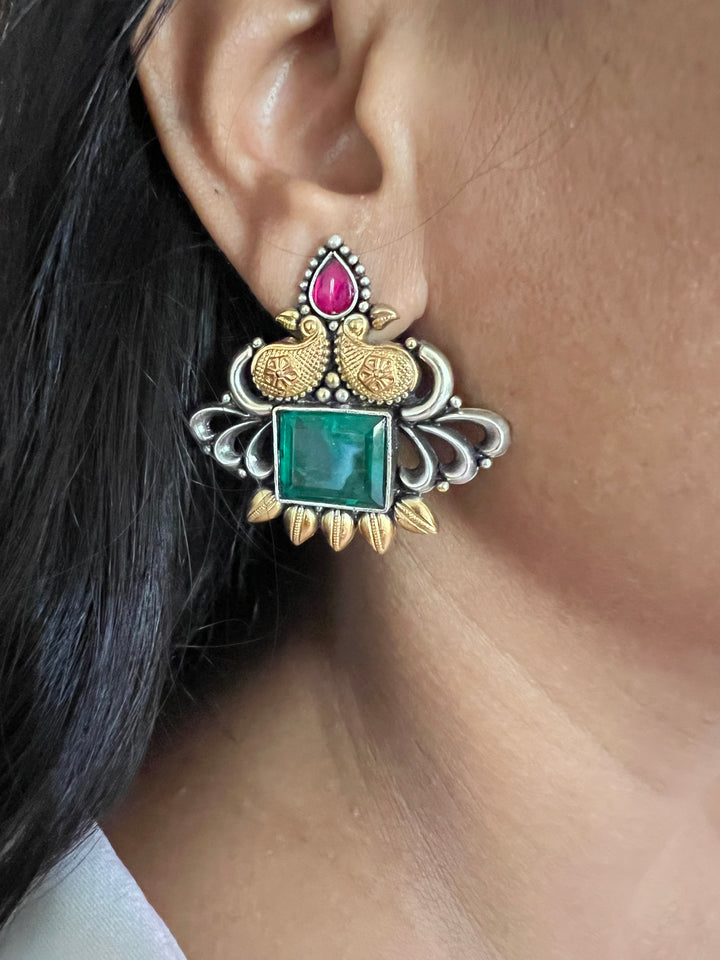 Statement Bird Design 925 Silver Earrings with Green Doublet Stone - Handmade