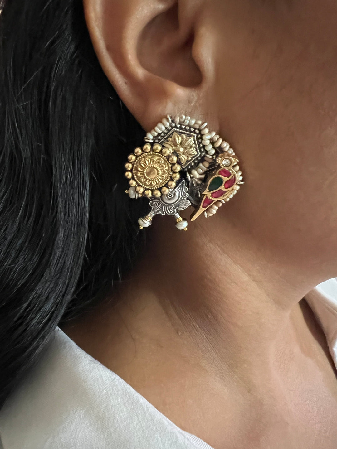 Beautiful Bird Kundan Embellishment 925 Silver Earrings with Dual-Tone Plating & Freshwater Pearls - Handmade